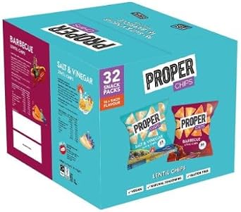 PROPERCHIPS - 32 Pack Salt & Vineger, Barbeque Lentil Chips Multipack Vegan Gluten Free 16 x Salt Vineger, 16 x Barbeque Party Snack, School Birthday, Office Snacks