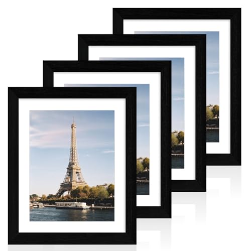 iRahmen 10x12 Picture Frame with Mat 8x10 - High Definition Real Glass Wooden Photo Frames for Tabletop Display and Wall Mounting (Black Woodgrain, Set of 4)