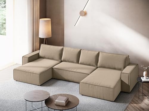 Kimo 4-Sitzer Ecksofa U-Form in Beige - XXL Wohnlandschaft aus Samt, modulares Sofa für Wohnzimmer, Japandi & Skandi Stil, Oeko-Tex 398x185x82 cm, bis 500 kg belastbar – Bild 3