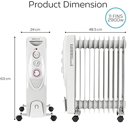 MONHOUSE Oil Filled Radiator Plug in Portable Electric Heater 5 Power Settings, Adjustable Temperature/Thermostat - Thermal Safety Cut Off, 24 Hour Timer & Fan 11 Fins 400W Up To 2900W - White