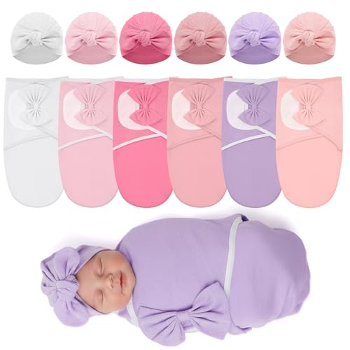 Image of Ramede 6-Pack Preemie Baby Swaddle Blankets with Hats, Breathable 100% Cotton Baby Swaddles, Suitable for Preemie Babies and Newborns, Soft Cotton, Adjustable(Rosette,Light Color)