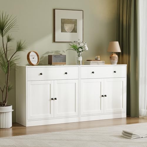VOWNER Sideboard mit Schubladen, Kommode mit 2 Türen, Küchenschrank mit Arbeitsplatte, Buffetschrank, TV Board, Aufbewahrungsschrank für Wohnzimmer Schlafzimmer, 40 x 80 x 80 cm (Weiß, 2pcs)