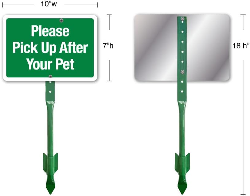 | Please Pick Up After Your Pet - Professional 7"x10" Metal Yard Sign with 18Inch Stake - Rustproof Green & White Dog Poop Sign