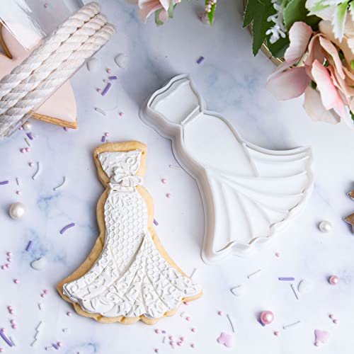 Flycalf Dress Cookie Cutters With 3D Stamper Kitchen Eco-Friendly Pla Cake Decorating Flounced Dress Shapes For Kids 3.5" Baking Molds Supplies Holiday Birthday Party Biscuit Fondant Tools #TOP2