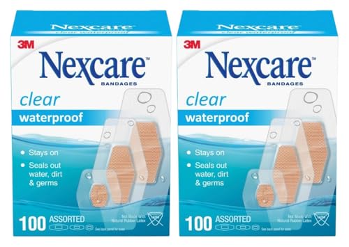 Nexcare Waterproof Bandages, Assorted Sizes, 200 Count (2 Boxes of 100), Clear, Flexible, Long-Lasting, Latex-Free, 360° Seal for Cuts, Scrapes, Blisters, First Aid Wound Care