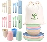 ECOSTAR Wheat Straw Dinnerware Sets, 28-Piece Kids Plates and Bowls Sets, Cutlery, Microwave Safe Un