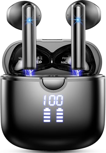 Wireless Earbuds, Bluetooth 5.4 Headphones with 4 ENC Noise Cancelling Microphone, Ear buds with HiFi Stereo Deep Bass, Bluetooth Earphones 45H Playtime LED Display, IP7 Waterproof Pearl Black
