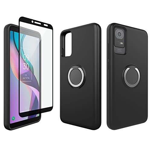 Ailiber for TCL ION Case with Screen Protector Tempered Glass, Adjustable Ring Kickstand, Anti-Scratch Microfiber Lining, Slim Silicone Shockproof Phone Cover for TCL ION V-Black