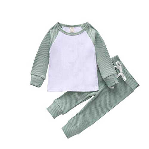 2PCS Toddler Baby Boys Girls Ribbed Knitted Color Block Long Sleeve Top Drawstring Pants Set Fall Winter Outfit (A-Green, 12-18M)