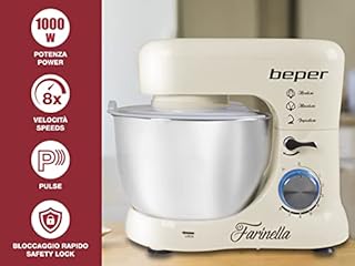 BEPER BP.200 Impastatrice Planetaria professionale 4,5L, Potenza 1000W, 8 Velocità e Funzione Pulse - Frusta, Paraschizzi e Gancio Inclusi, Bianco