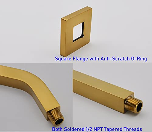 Aquaiaw Square Shower Arm And Anti-Scratch O-Ring Flange, 6 Inch, Solid Brass, Both Soldered 1/2 Npt Tapered Threads, Shower Head Arm, Wall Mount Shower Extension Arm (Brushed Gold) #TOP3