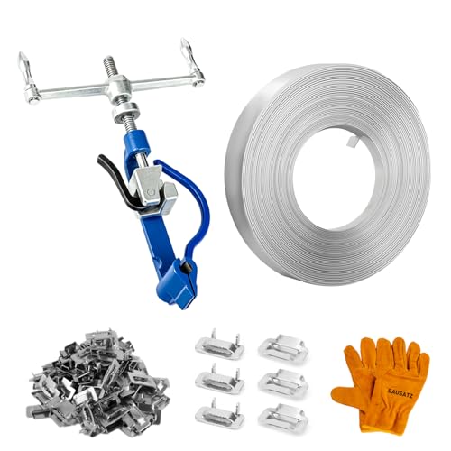 BAUSATZ Banding Strapping Kit - Stainless Steel Banding Coil (3/4" x 100ft x 0.03") & Ear-Lokt Buckles (100pcs) - Silver - Industrial, Construction, Outdoor