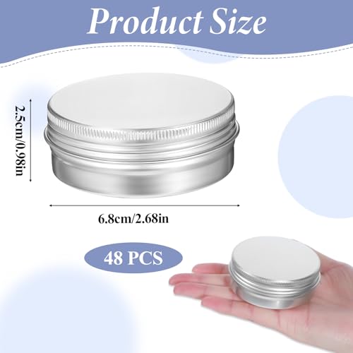 48 Pcs Screw Top Round Tins 2 Oz Aluminum Container Cans Empty Jar with Screw Lid Travel Cosmetic Packaging Case for Lotion Bars Balms Crafts Handmade Candles DIY Gift Storage Kit2
