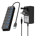 USB 3.0 Hub Powered 7-Port Splitter SuperSpeed Multi USB Hub with 5V3A Power Supply Adapter Individual On/Off Switch and Lights Extension High-Speed Data for Apple Air MacBook Pro Mac Windows