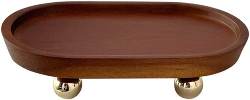 Oval Solid Wood Storage Tray with Metal Ball Feet, 7.87 x 4.72 x 1.97 in Wooden Riser Tray for Keys Jewelry Candle, Farmhouse Vanity Tabletop Decor(Dark brown)