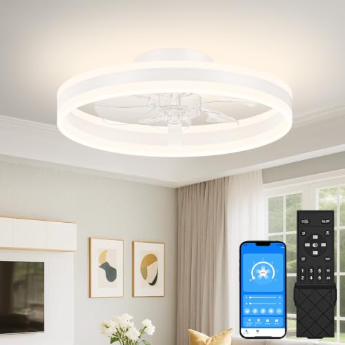 VOLISUN Low Profile Ceiling Fans with Lights and Remote, 16in Flush Mount Ceiling Fans with Light, 3000K-6500K Dimmable Fandelier LED Fan Light, White Bladeless Ceiling Fans with Lights for Bedroom