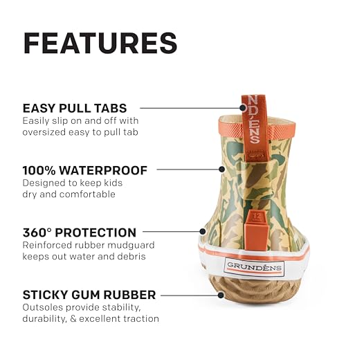 Grundéns Kid\'s Guppy Rain Boots - Lightweight Rubber Waterproof Kids and Toddlers Shoes, Easy-On Loop, Girls Rain Boots and Boys Rain Boots, Fish Camo, 1 Little Kid