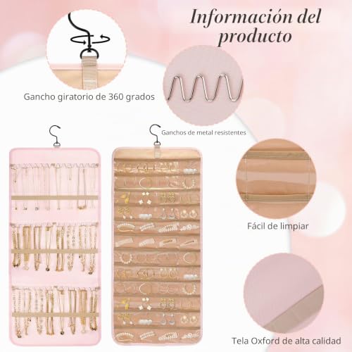Miniatura 4 de Organizador De Joyas Colgante De Doble Cara, Rosa Organizador De Joyas Plegable Con 48 Bolsillos Y Gancho De Metal, Bolsa Colgante Para Pendientes Para Aretes, Collar, Pulsera, Anillo