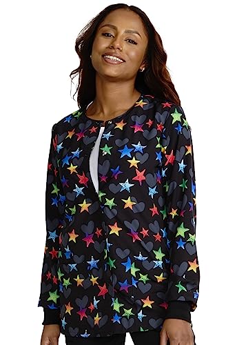 Cherokee Prints Women Warm Up Scrubs Jacket Snap Front CK321, XS, Loving Stars