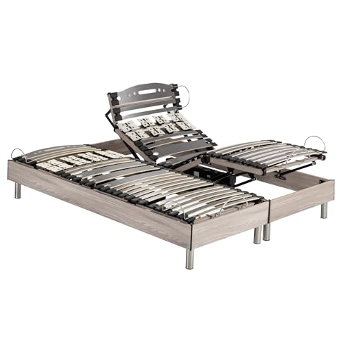 EBAC Literie Lit électrique S73+Lattes Bois - Réglage fermeté lombaires - 2x80x200 - Chêne Clair