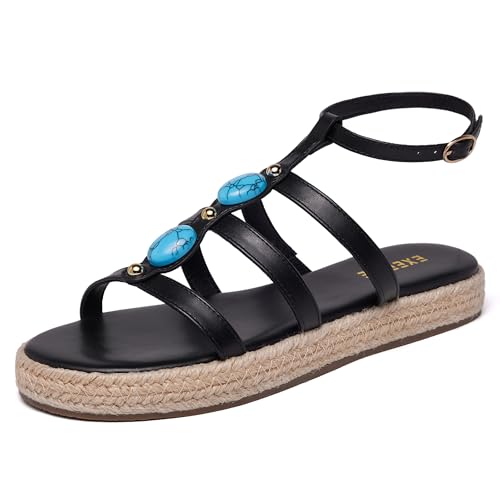 Image of Women's Bohemian Espadrille Platform Sandals,Open Toe Wedge Sandals with Turquoise Decor, Adjustable Ankle Buckle, Summer Beach Shoes