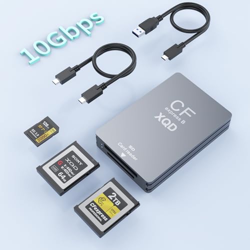 3-in-1 CFexpress Type B/XQD/SD Card Reader, USB 3.2 Gen 2 10Gbps CFexpress Type B Card Reader with Dual Slot Compatible with Sony G/M Series/Lexar/CF Express Type B and XQD for Windows/Mac OS/Linux