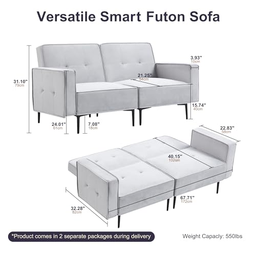 Furnify Loveseat Sofa Bed, 67" Sleeper Sofa Couch, Modern Futon Sofa with Adjustable Backrest and Thick Seat Cushion, Convertible Small Sofa for Bedroom Apartment Office, Velvet Gray by Furnify - Image 2