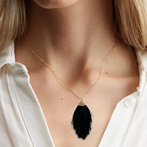 Seakuur Bohemian Silky Thread Fan Fringe Tassel Statement Earrings Lightweight Strand Feather Shape Dangles Earring Necklace Set For Women Girls (Black) #TOP1