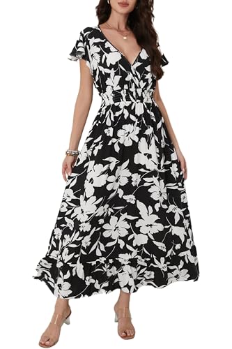 Image of Women's Black Floral Maxi Dress Casual Sleeveless V-Neck Vacation Beach Summer Dress for Women