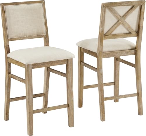Crosley Furniture Joanna Farmhouse Upholstered Wood Counter Height Bar Stools Set of 2 for Kitchen Island, Rustic Brown/Creme