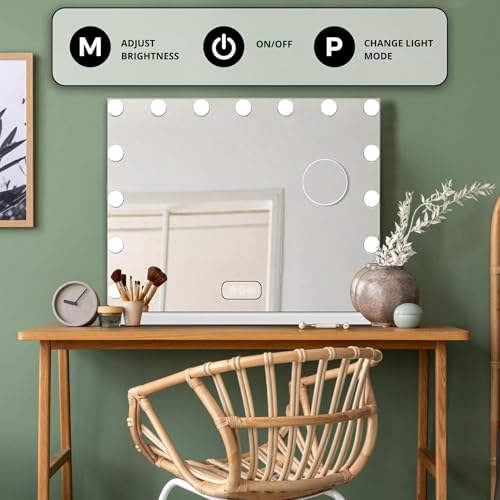 Bayt Lustro do Makijażu LED – Lustro Hollywood z Podświetleniem – Ściemnialne – 3 Kolory Światła – Ekran Dotykowy – 58x46 cm – Białe