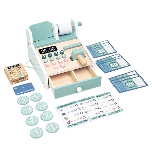 Juguete de caja registradora de calculadora, conjunto de caja de caja de madera | Finge el juego de la caja registradora para niños - Biños Chicas Juego de equipos Equipo de compra de supermercado par