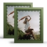 iRahmen 8x10 Picture Frame Set of 2 Green, Display Picture 7x9 with Wavy Mat or 8 x 10 without Mat, Tempered Glass Wooden Photo Frame for Tabletop Display and Wall Mount