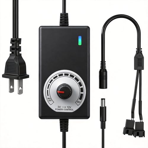 Delinx 3-12V 24W Adjustable Power Supply Fan Speed Controller, 100-240V AC to DC 3-12V 2A Adapter with DC5521 to Dual 4-Pin Splitter Cable, for 2/3/4-Pin 12V Fans, Pumps, PC Cases, DIY Projects