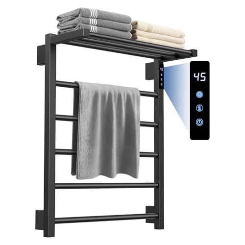 YACVCL Electric Heated Towel Rail for Bathroom Electric Hot Towel Warmer 5 Bars with 24hr Timer Matte Black Stainless Steel Wall Mounted Towel Radiator H620mm W500mm