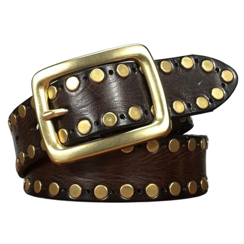 Mens Studded Belt, Punk Leather Casual Adjustable Rivet Cowhide Belt for Men with Brass Metal Pin Buckle,Brown,100CM/39.4''