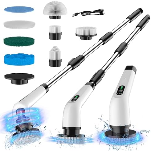 Electric Spin Scrubber with 8 Replaceable Brush Heads, 3 Adjustable Speeds Power Scrubber 3000mAh Rechargeable Battery Electric Handheld Brush for Bathtub Tile Floor