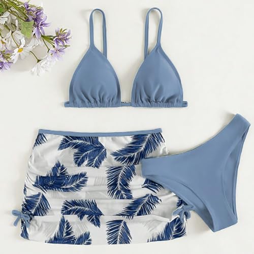 Girls Swimsuits 3 Piece Bathing Suit Tropical Criss Cross Bikini Set with Drawstring Cover up Skirt Beach Swimwear 6-16T2