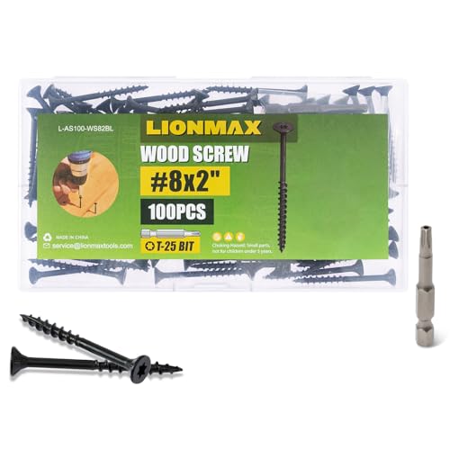 Image of LIONMAX Deck Screws 2 Inch, Wood Screws #8 x 2, 100 PCS, Rust Resistant, Exterior Epoxy Coated, Outdoor Decking Screws, Torx /Star Drive Head Screw, T25 Star Bit Included, Black