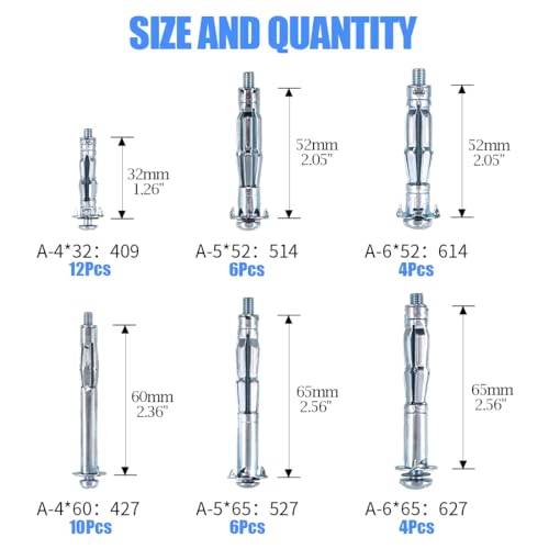 Glarks 42Pcs 6 Size Heavy Duty Zinc Plated Steel Molly Bolt Hollow Drive Wall Anchor Screws Assortment Kit for Drywall, Plaster and Tile