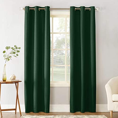 Homeinn Semi Sheer Curtains - Solid Color Dark Green Grommet Top Bedroom and Living Room Curtains, Set of Window Curtain Drapes, 52x72 Inch Length