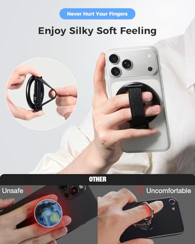Image of SUPERONE 2025 Upgrade for MagSafe Phone Grip with Finger Strap, Removable MagSafe Ring Holder with Kickstand Finger Loop, Mag Safe Accessories for iPhone 17 /16 /15 /14 /13 /12 Series, Black