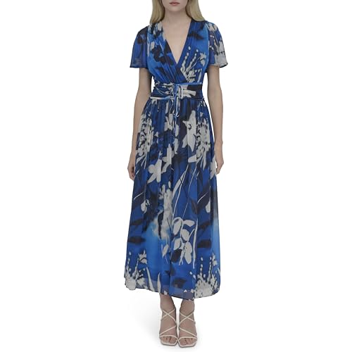 DKNY Women's Short Sleeve Surplice Neck Ruched Drawstring Waist Maxi Dress