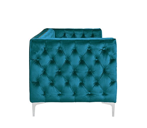 Iconic Home Da Vinci Modern Contemporary Velvet Button Tufted With Silver Nailhead Trim Silvertone Metal Leg Sofa, Teal #TOP4