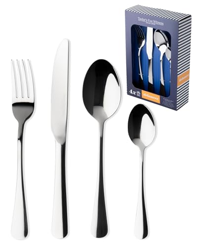 Image of Taylors Eye Witness Delamere 16-Piece Kitchen Cutlery Set - Includes Table Forks, Knives, Dessert Spoons & Teaspoons. Durable 18/10 Stainless Steel Flatware Set. Modern Silverware. Dishwasher Safe