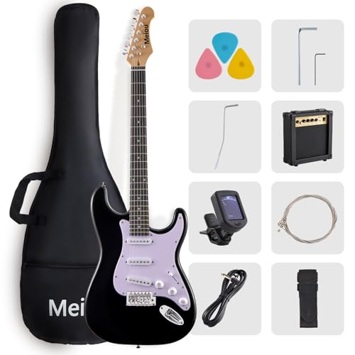 Meiou 39-Inch Electric Guitar Starter Kit ST Series-Complete starter kit with electric guitar, amp, strap, plectrum, tuner, strings, cable and guitar bag - Suitable for beginners (black)