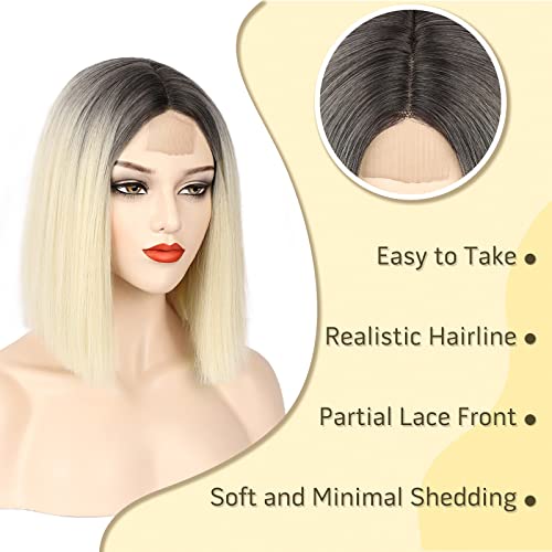 Blonde Wig Ombre Color Short Straight Bob Wigs For Women Blonde Wig With Dark Roots Middle Part Shoulder Length Synthetic Cosplay Party Wig Colored Wigs For Women Girls #TOP2