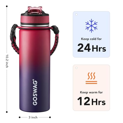 Image of GOSWAG 24oz Insulated Stainless Steel Travel Water Bottle, 2 Lids | with straw and no straw, Paracord handle, Double-wall vacuum keeps drinks cold or hot, Leakproof tumbler