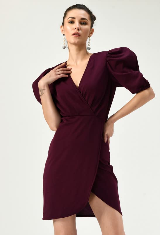 Image of Women's Puff Sleeve V-Neck Bodycon Casual Mini Dress