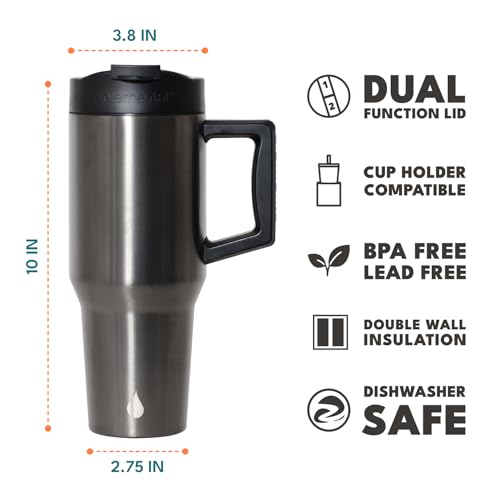 Image of Elemental 100% Leak Proof 32oz Tumbler with Handle & Straw Travel Mug | Stainless Steel Double Wall Insulated Tumbler for Hot and Cold Beverages with Sip & Straw Lid